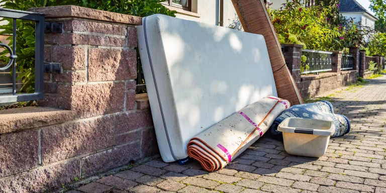 Discarded furniture and rugs flor junk removal on house sidewalk