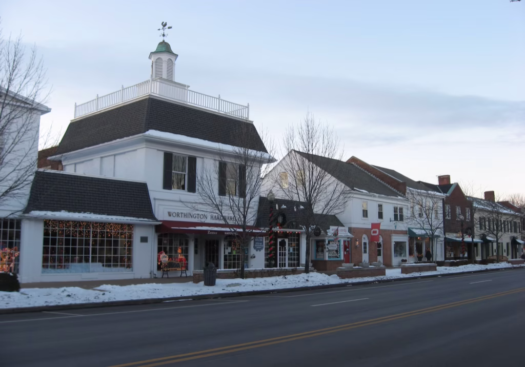 Winter view of Worthington historic buildings street