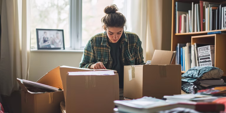 Woman organizing items into cardboard boxes indoors.