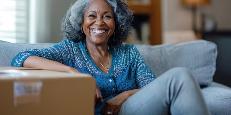 An older woman smiling next to a moving box after hiring senior moving services